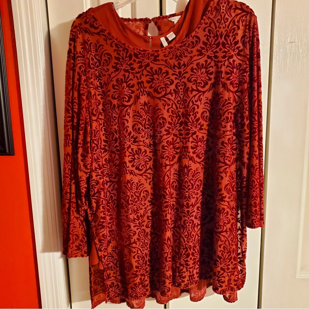 Sheer burgundy red velour top with camisole.  Like new.  Size 22/24